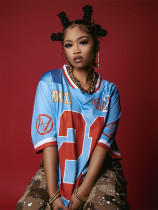 Printed sport loose V-neck top T-shirt jersey