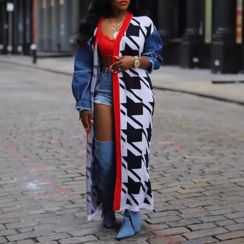 Splicing cardigan double layered thick sweater