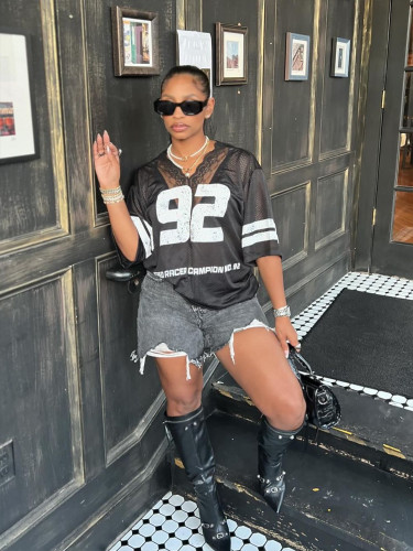 Lace patchwork V-neck short sleeved fashionable T-shirt