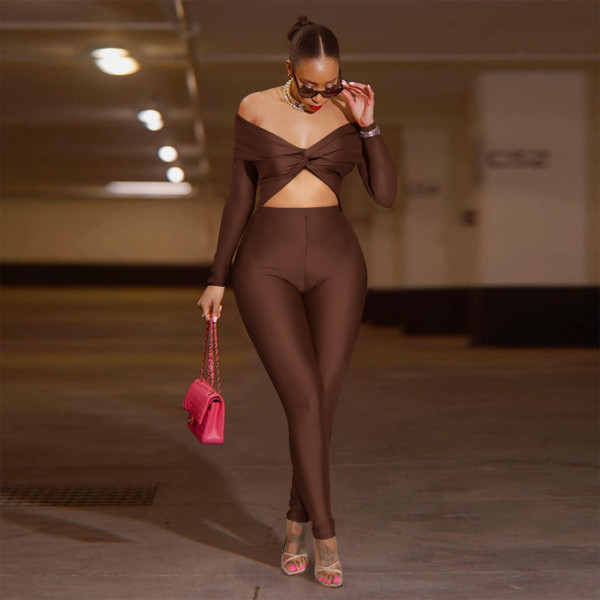 Collar twisted hollow exposed navel high waisted long sleeved jumpsuit