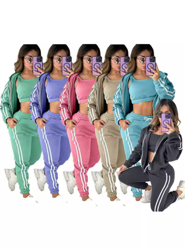Fashion hooded and velvet vest sports three piece set