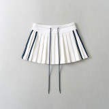 Color blocking patchwork drawstring side zipper A-line pleated skirt