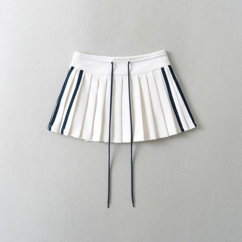 Color blocking patchwork drawstring side zipper A-line pleated skirt