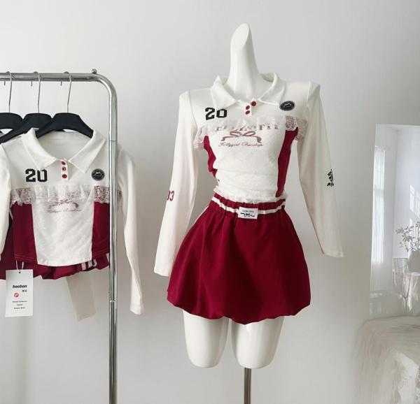Lace T-shirt polo shirt crop top short skirt set