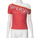 Slanted Shoulder Hot Diamond Exposed Umbilical T-shirt