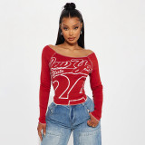 Printed letter t-shirt long sleeved crop top with exposed navel