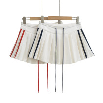 Color blocking patchwork drawstring side zipper A-line pleated skirt