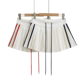 Color blocking patchwork drawstring side zipper A-line pleated skirt