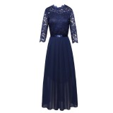 Round neck lace patchwork chiffon dress