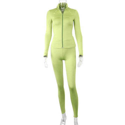 Zipper stand up collar sports fitness yoga suit long pants set
