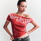 Slanted Shoulder Hot Diamond Exposed Umbilical T-shirt