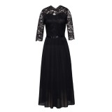 Round neck lace patchwork chiffon dress
