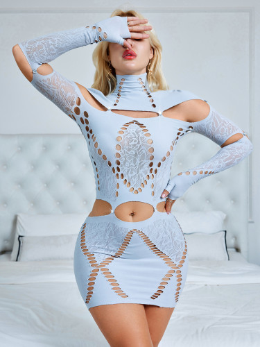 High collar patchwork ripped long sleeved low waist ultra short dress