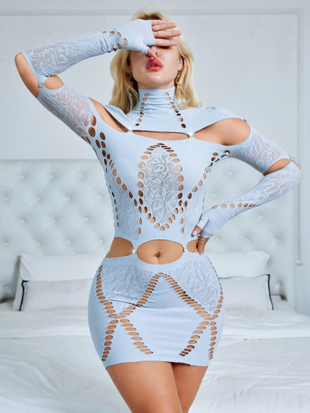 High collar patchwork ripped long sleeved low waist ultra short dress