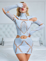 High collar patchwork ripped long sleeved low waist ultra short dress High collar patchwork ripped long sleeved low waist ultra short dress