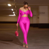 Collar twisted hollow exposed navel high waisted long sleeved jumpsuit