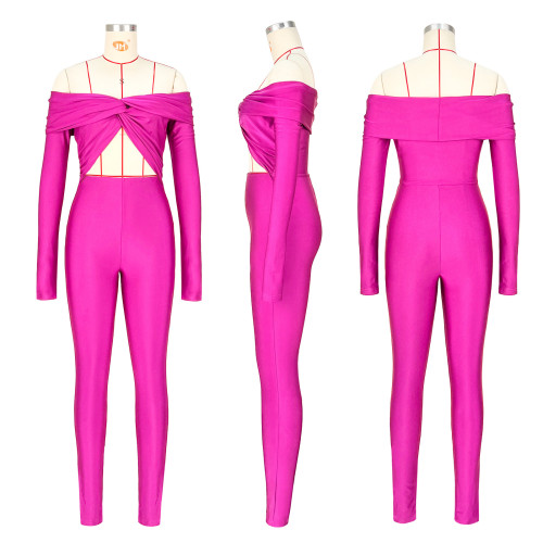 Collar twisted hollow exposed navel high waisted long sleeved jumpsuit
