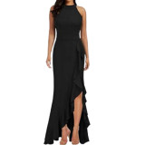 Split ruffle edge evening gown dress