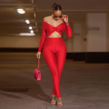 Collar twisted hollow exposed navel high waisted long sleeved jumpsuit