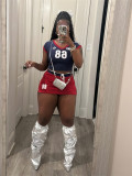 Elastic sport V-neck color blocked printed short top and skirt set