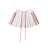 Color blocking patchwork drawstring side zipper A-line pleated skirt