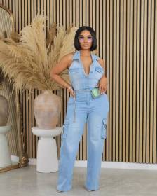 Elastic wash denim straight leg jumpsuit