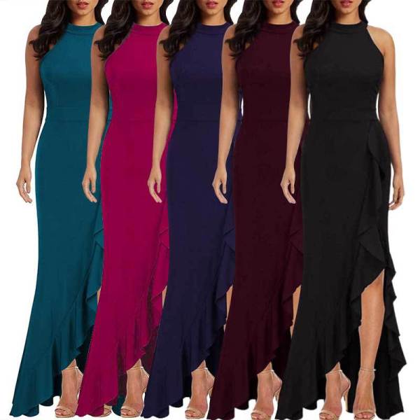 Split ruffle edge evening gown dress