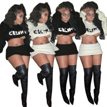 Embroidered navel exposed long sleeved mini skirt set