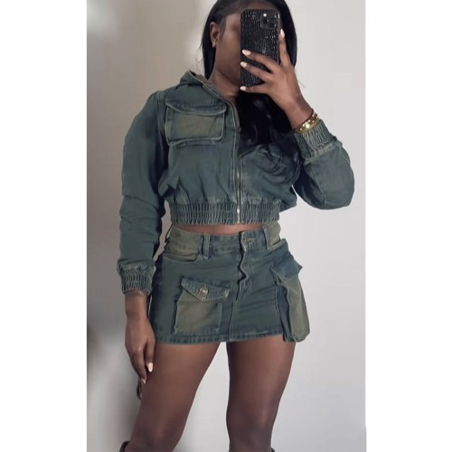 Elastic denim hooded set skirt