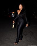 Big V-neck long sleeved long pants 2-piece set