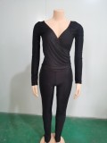 Big V-neck long sleeved long pants 2-piece set