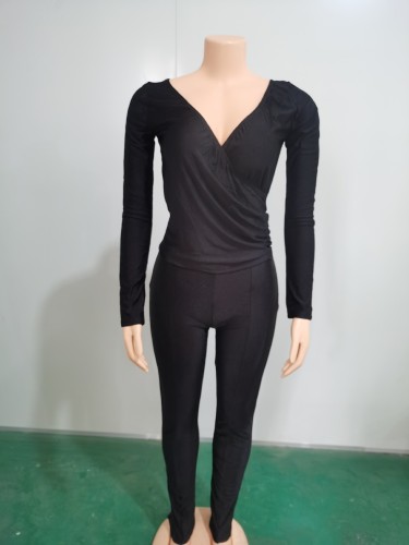 Big V-neck long sleeved long pants 2-piece set