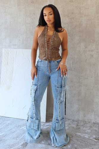 High elasticity denim micro horn work pants