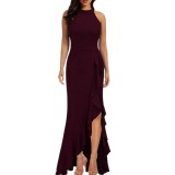 Split ruffle edge evening gown dress