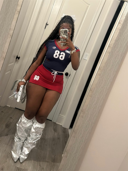 Elastic sport V-neck color blocked printed short top and skirt set