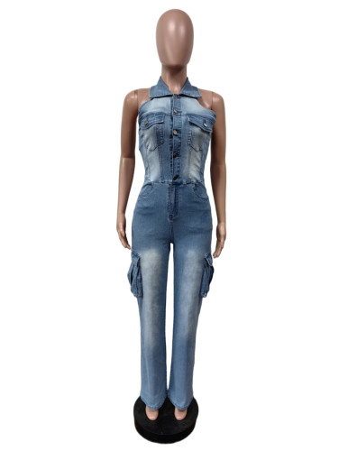 Elastic wash denim straight leg jumpsuit