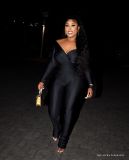 Big V-neck long sleeved long pants 2-piece set