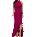 Split ruffle edge evening gown dress