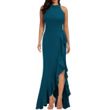 Split ruffle edge evening gown dress
