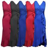V-neck twisted high slit lotus leaf edge skirt