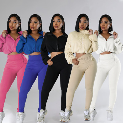 Hooded loose long sleeved top, tight pants two-piece set