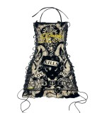 Skeleton positioning print oil painting drawstring strapless suspender dress