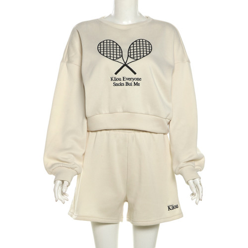Embroidered letter hoodie sports high waisted shorts set