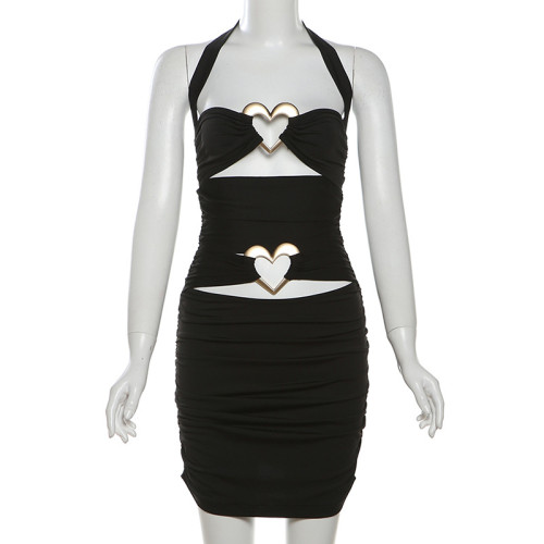 Hanging neck heart-shaped metal buckle hollow dress