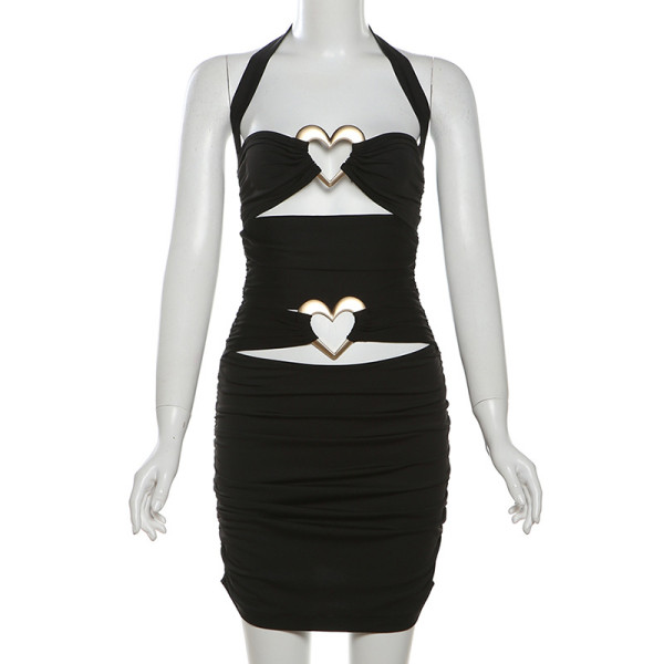 Hanging neck heart-shaped metal buckle hollow dress