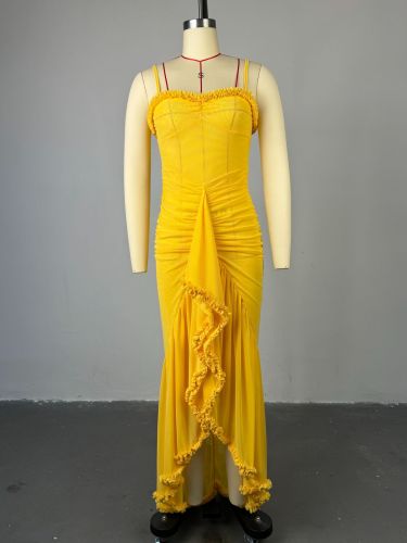 Strap, lotus leaf lace, slimming mid length dress