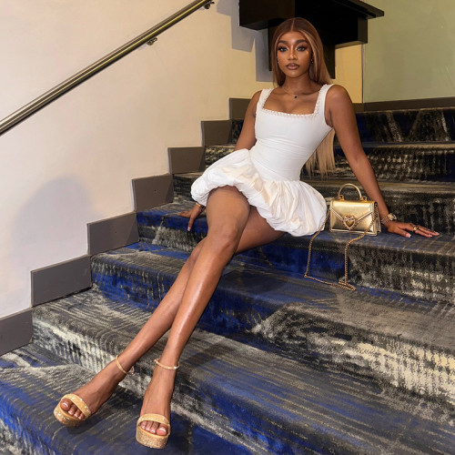 Nail bead square neck high waisted dress