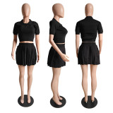 POLO collar buckle pleated skirt knitted two-piece set