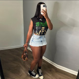 Cartoon printed sleeveless short top