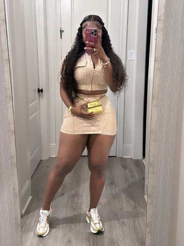 Pit strip washed jacket, hip wrapped short skirt set